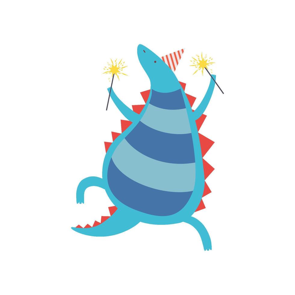 Happy Dinosaur in Party Hat with Sparklers, Cute Colorful Dino Character, Happy Birthday Party Design Element Illustration vector