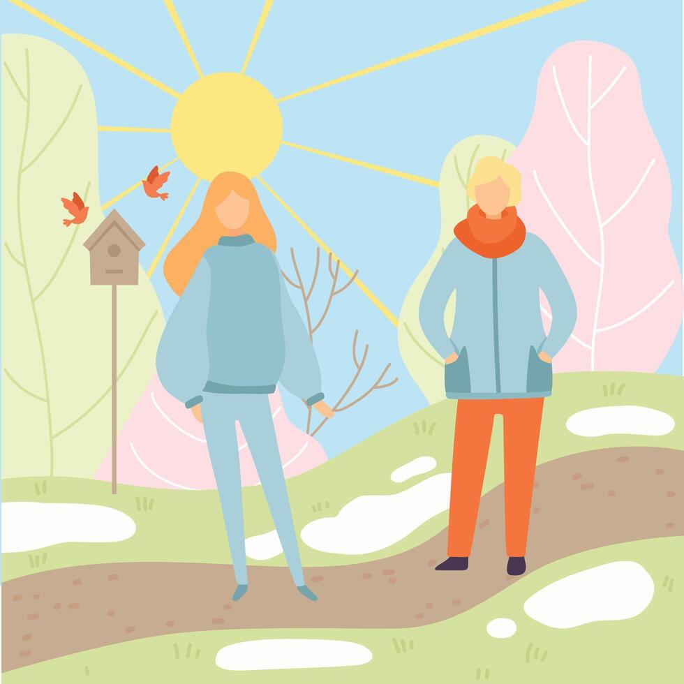 Young Man and Woman Wearing Warm Clothes Walking in Spring Park, Season Change From Winter to Spring Illustration vector
