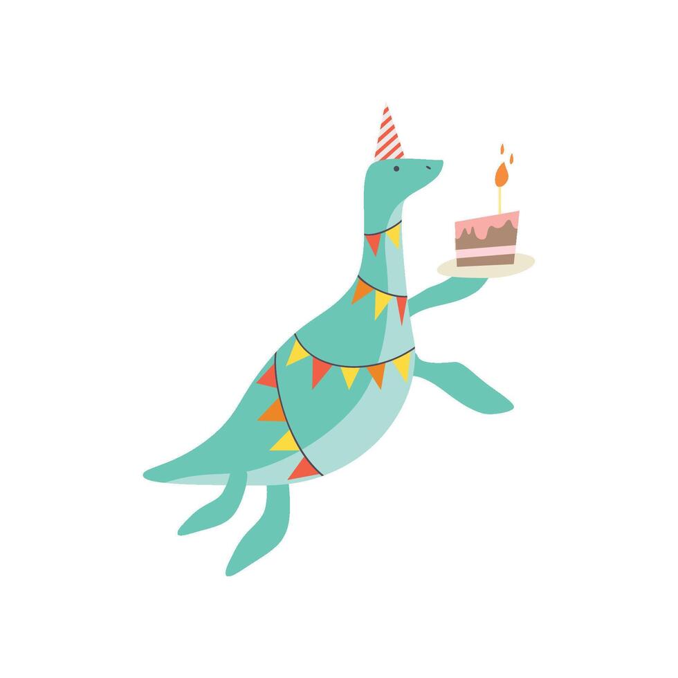 Cute Dinosaur in Party Hat with Birthday Cake, Funny Colorful Dino Character, Happy Birthday Party Design Element Illustration vector