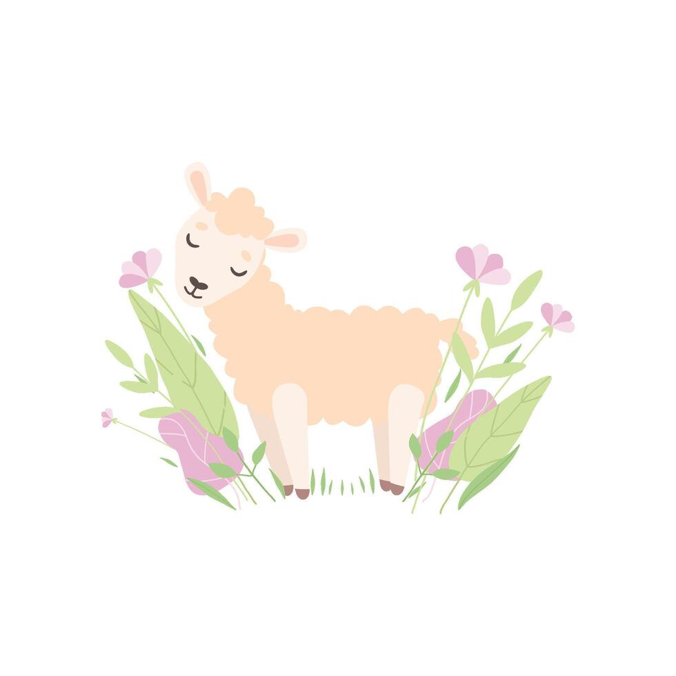 Cute Little Lamb, Adorable Sheep Animal Standing on Spring Meadow Illustration vector