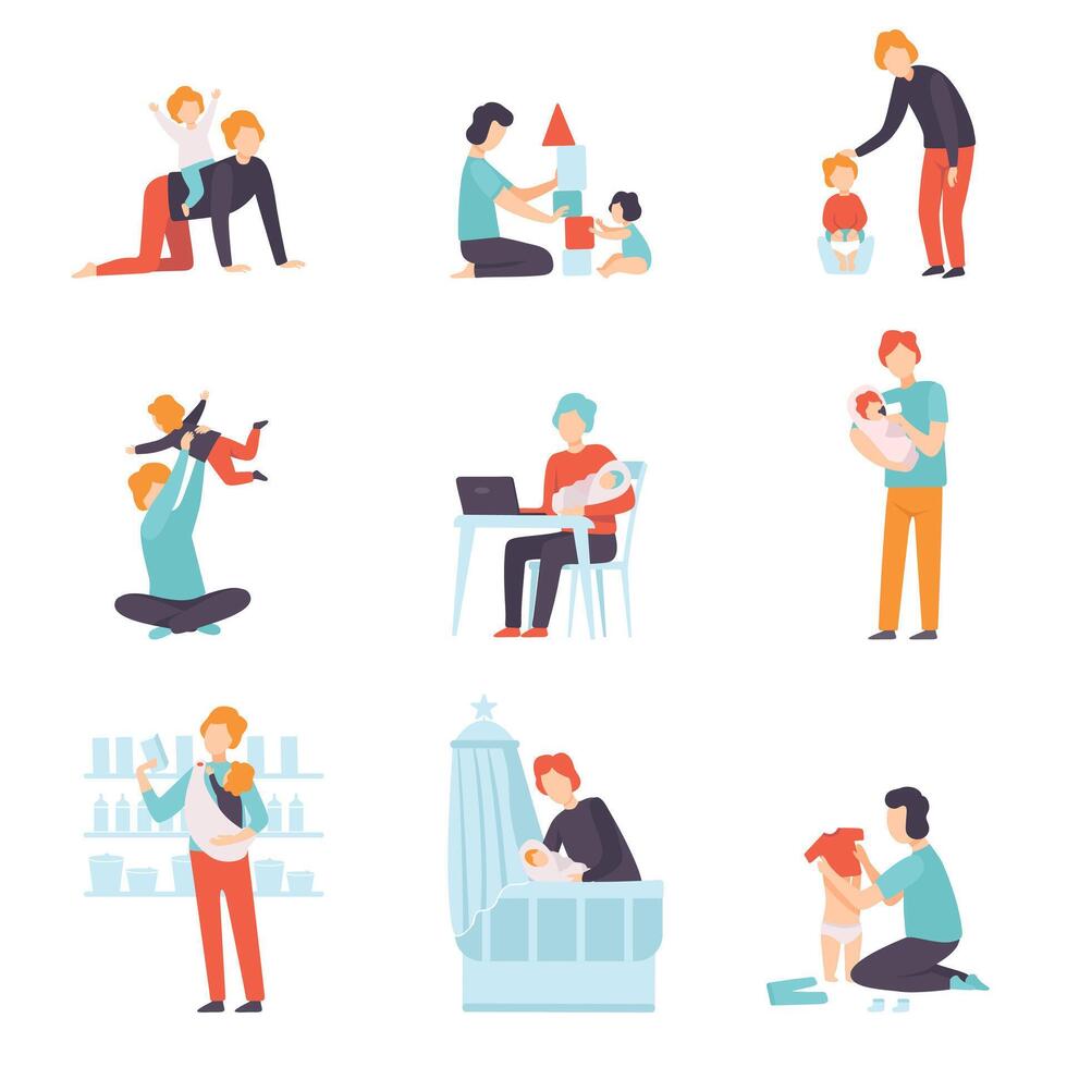 Fathers Taking Care of Their Babies Set, Young Dads Feeding, Playing, Having Fun and Working with Son or Daughter Illustration vector