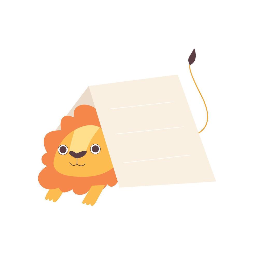 Little Lion Sitting Under Empty Banner, Cute Cartoon Animal with Blank Sign Board Illustration vector