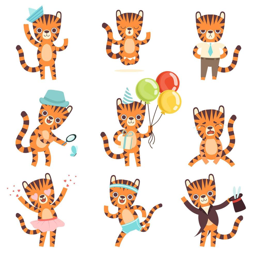 Cute Little Tiger in Different Situations Set, Adorable Wild Animal Cartoon Character Illustration vector