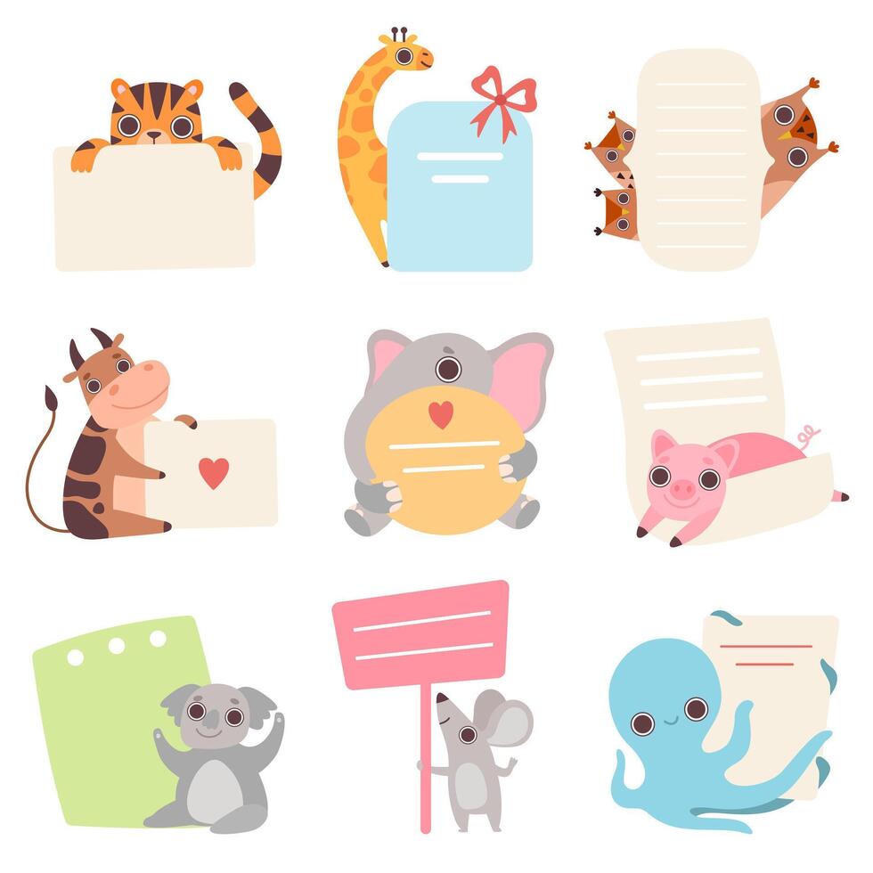 Cute Animals Holding Empty Banners Set, Funny Cartoon Tiger, Giraffe, Owlets, Cow, Elephant, Piglet, Koala Bear, Mouse, Octopus with Blank Sign Boards Illustration vector