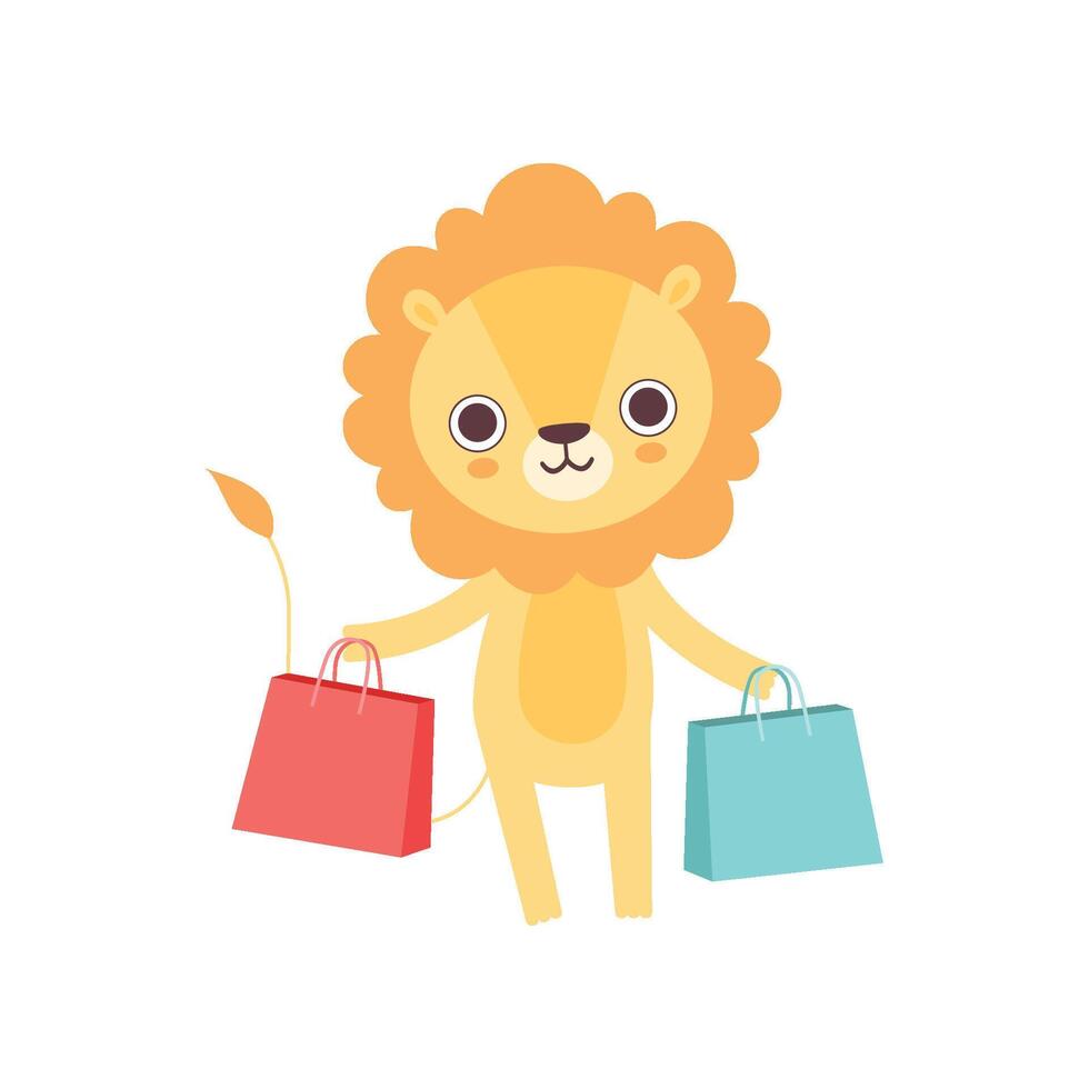 Cute Lion Standing with Shopping Bags, Funny African Animal Cartoon Character Illustration vector