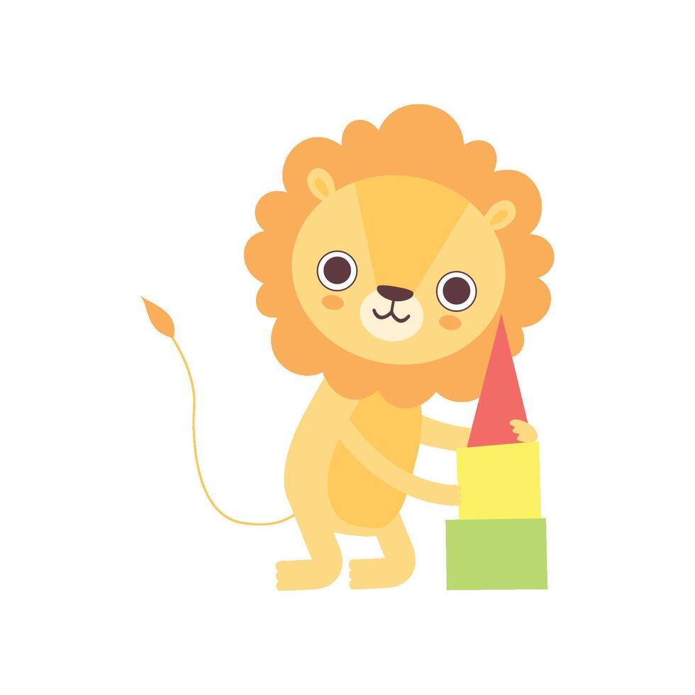 Cute Lion Playing with Toy Pyramid, Funny African Animal Cartoon Character Illustration vector