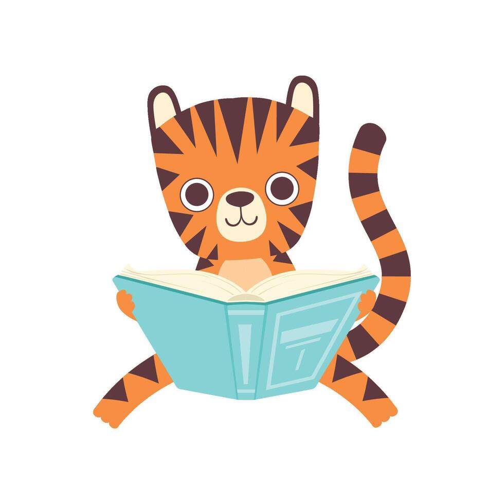 Cute Smart Little Tiger Sitting and Reading Book, Adorable Wild Animal Cartoon Character Illustration vector