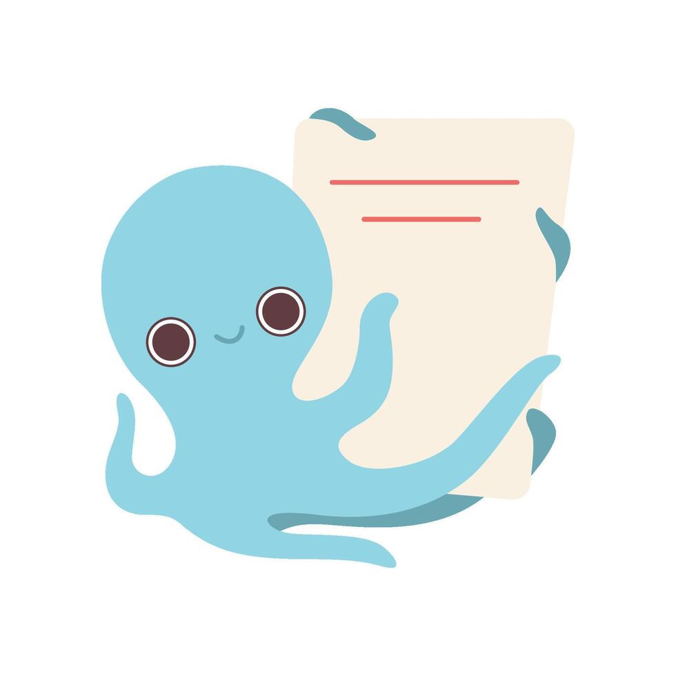 Octopus Holding Empty Sheet of Paper, Cute Cartoon Sea Creature with Blank Banner Illustration vector