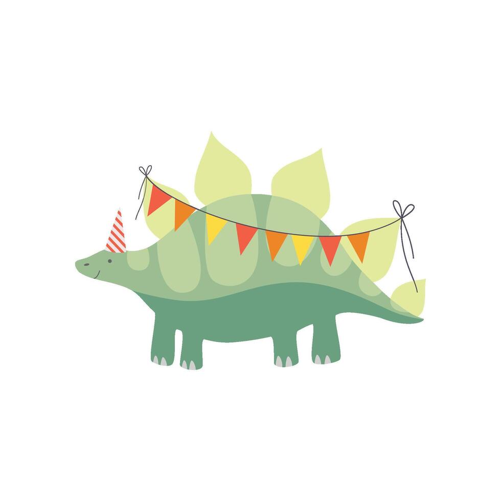 Cute Stegosaurus Dinosaur in Party Hat with Party Flags, Funny Colorful Dino Character, Happy Birthday Party Design Element Illustration vector