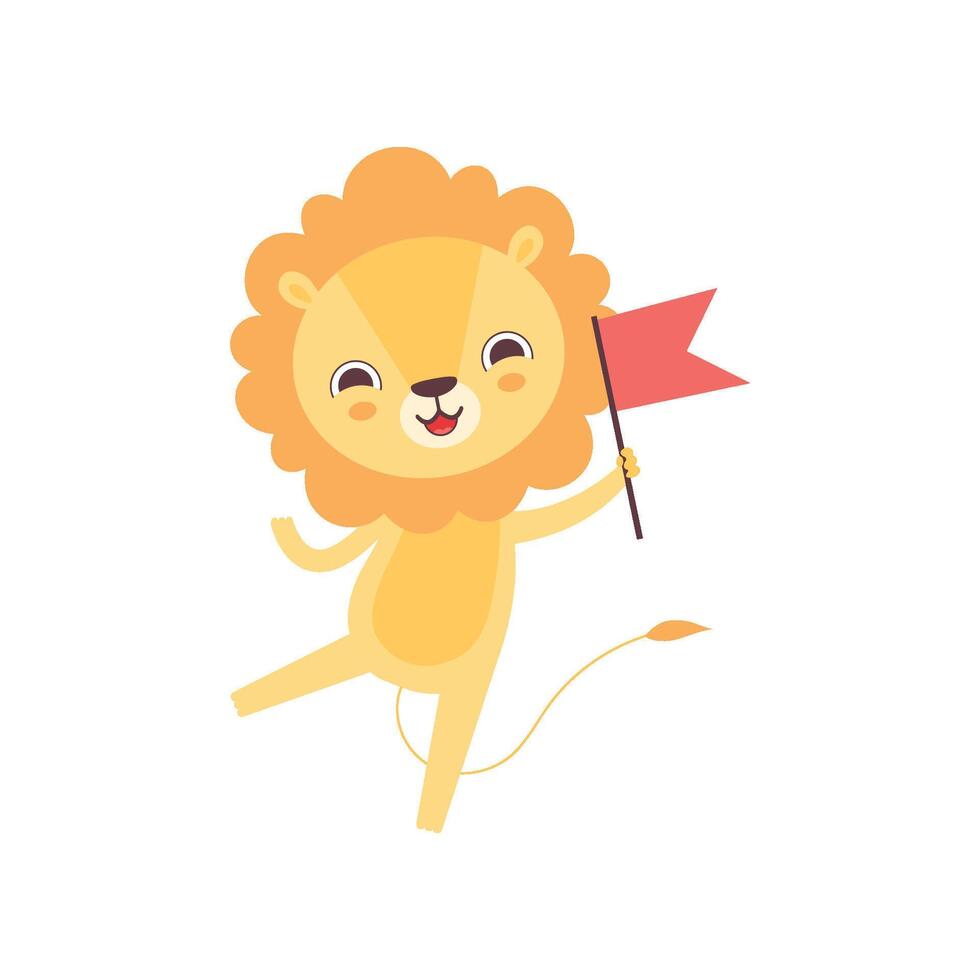 Cute Lion with Red Flag, Funny African Animal Cartoon Character Illustration vector
