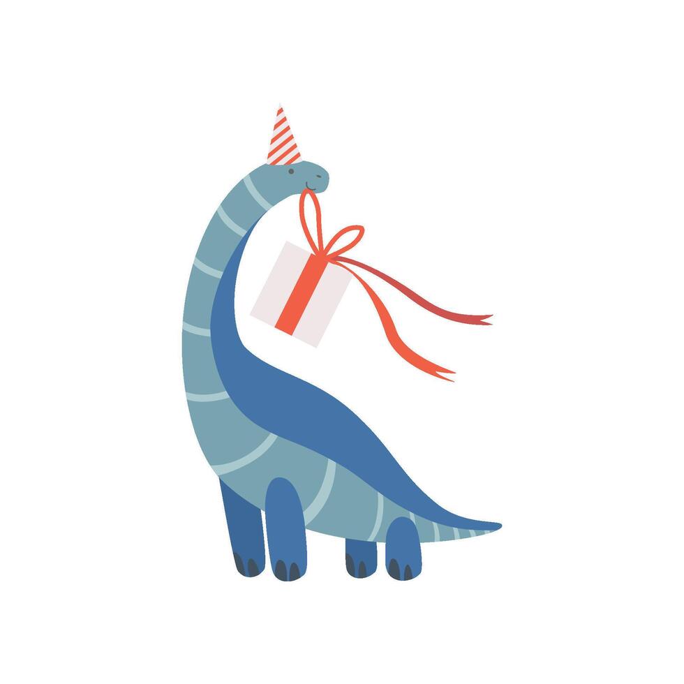 Cute Dinosaur in Party Hat with Gift Box, Funny Dino Character, Happy Birthday Party Design Element Illustration vector