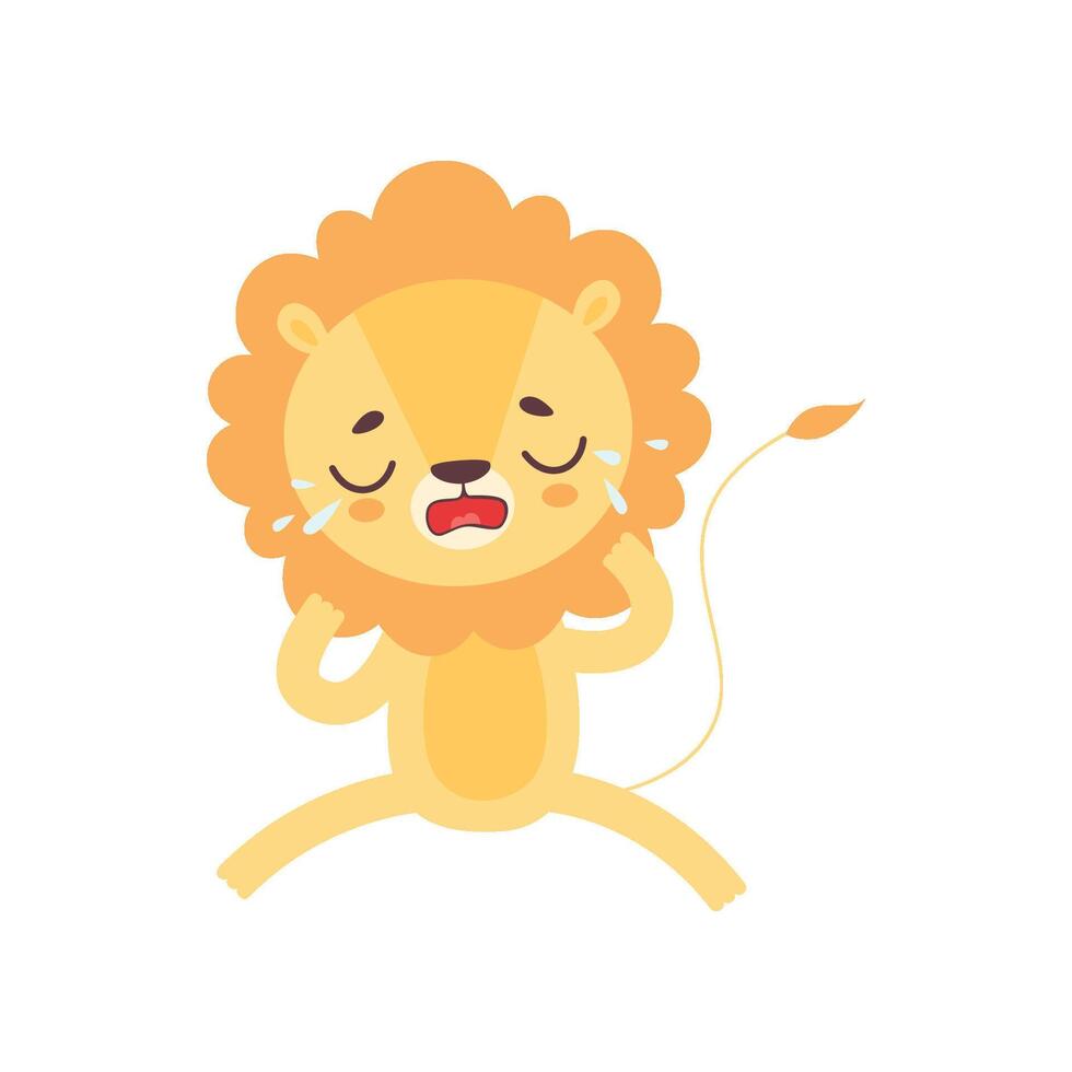 Cute Lion Crying with Tears, Adorable African Animal Cartoon Character Illustration vector