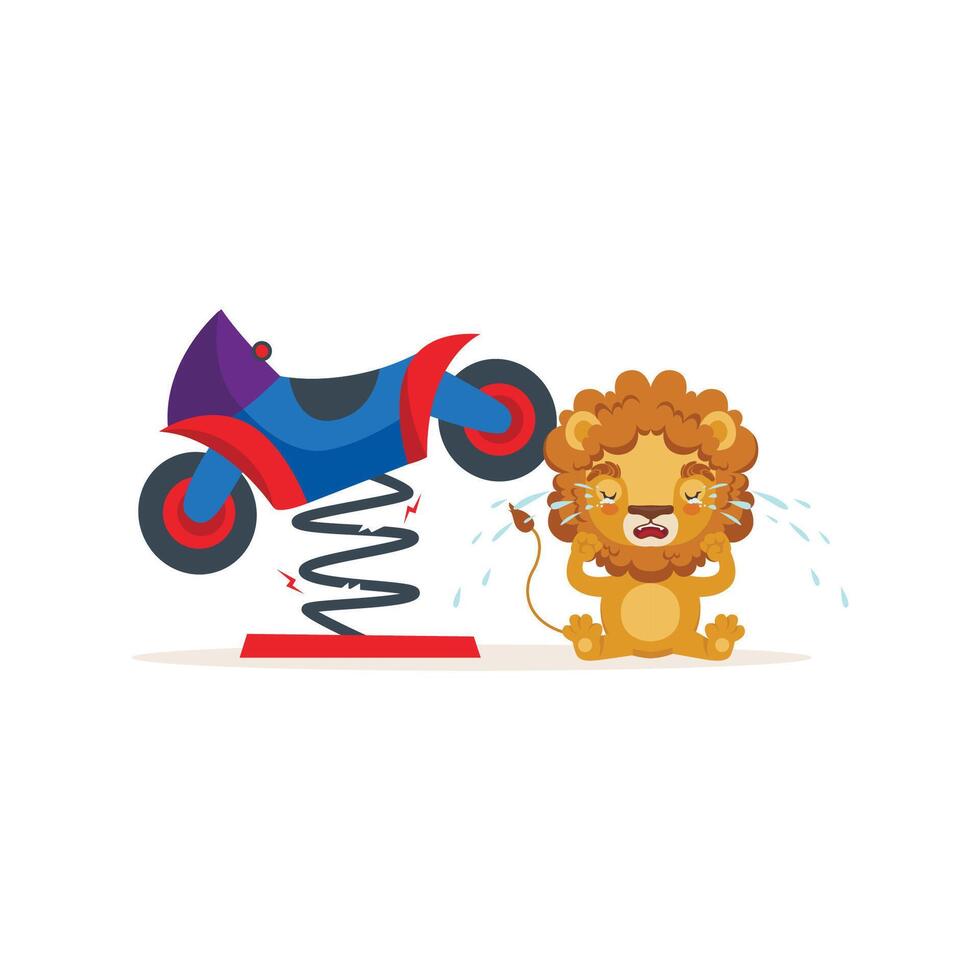 Cute Lion Character Crying Over Broken Motorcycle Illustration vector