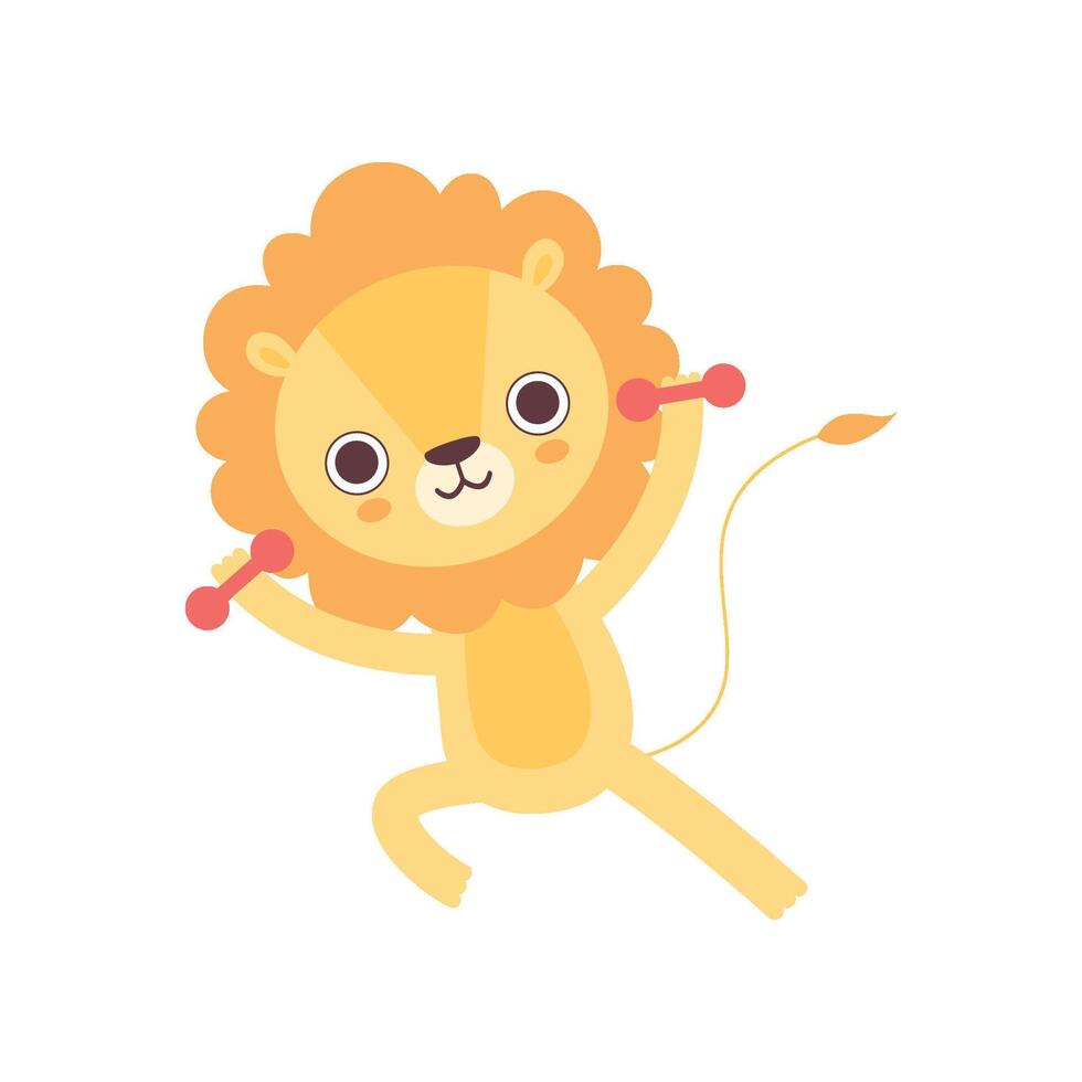 Cute Lion Exercising with Dumbbells, Funny African Animal Cartoon Character Illustration vector