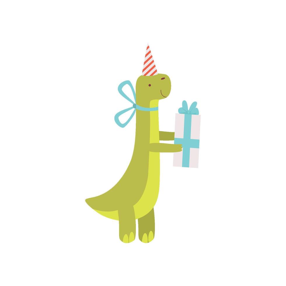 Cute Dinosaur in Party Hat with Gift Box, Green Dino Character, Happy Birthday Party Design Element Illustration vector