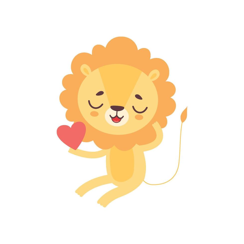Cute Lion Holding Red Heart, Funny African Animal Cartoon Character Illustration vector