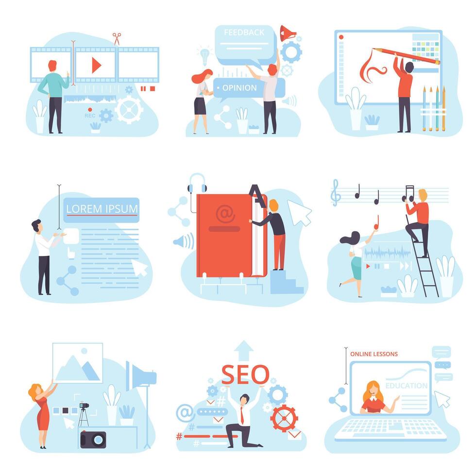 People Creating Digital Content Set, Technology Process of Software Development Illustration vector