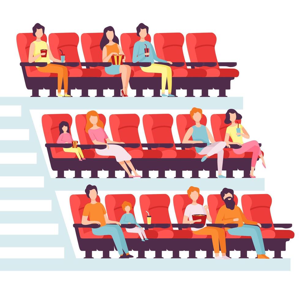 People Sitting in Cinema Hall, Men and Women Watching Film, Eating Popcorn and Drinking Soda in Movie Theater Illustration vector