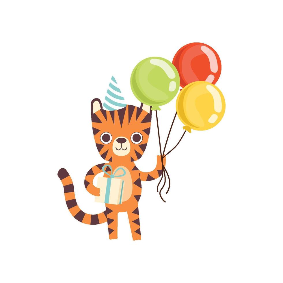 Cute Little Tiger in Party Hat Standing with Colorful Balloons and Gift Box, Adorable Wild Animal Cartoon Character Illustration vector