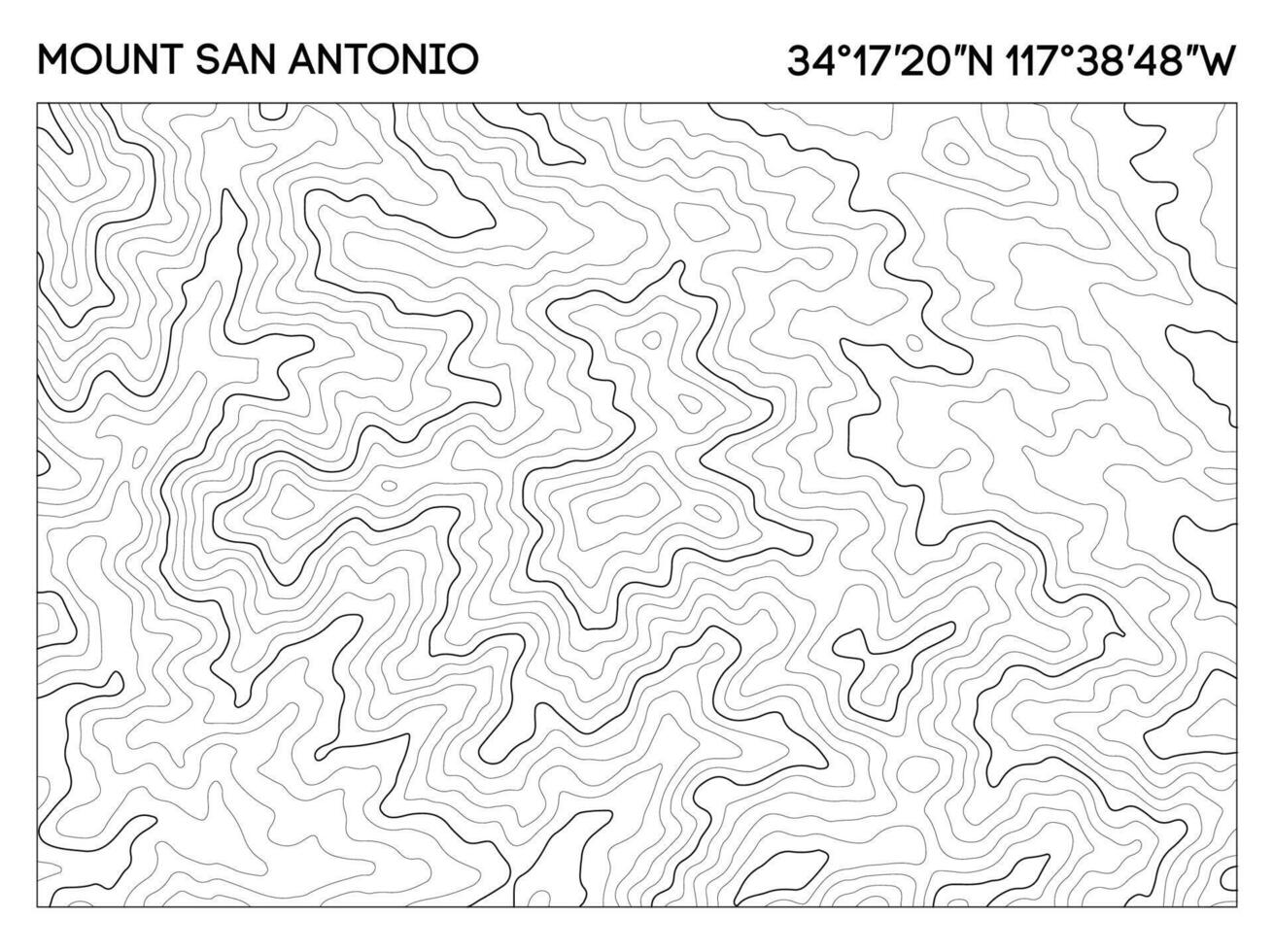 Detailed contour map of Mount San Antonio with elevation lines and geographic coordinates. Topographic map . vector