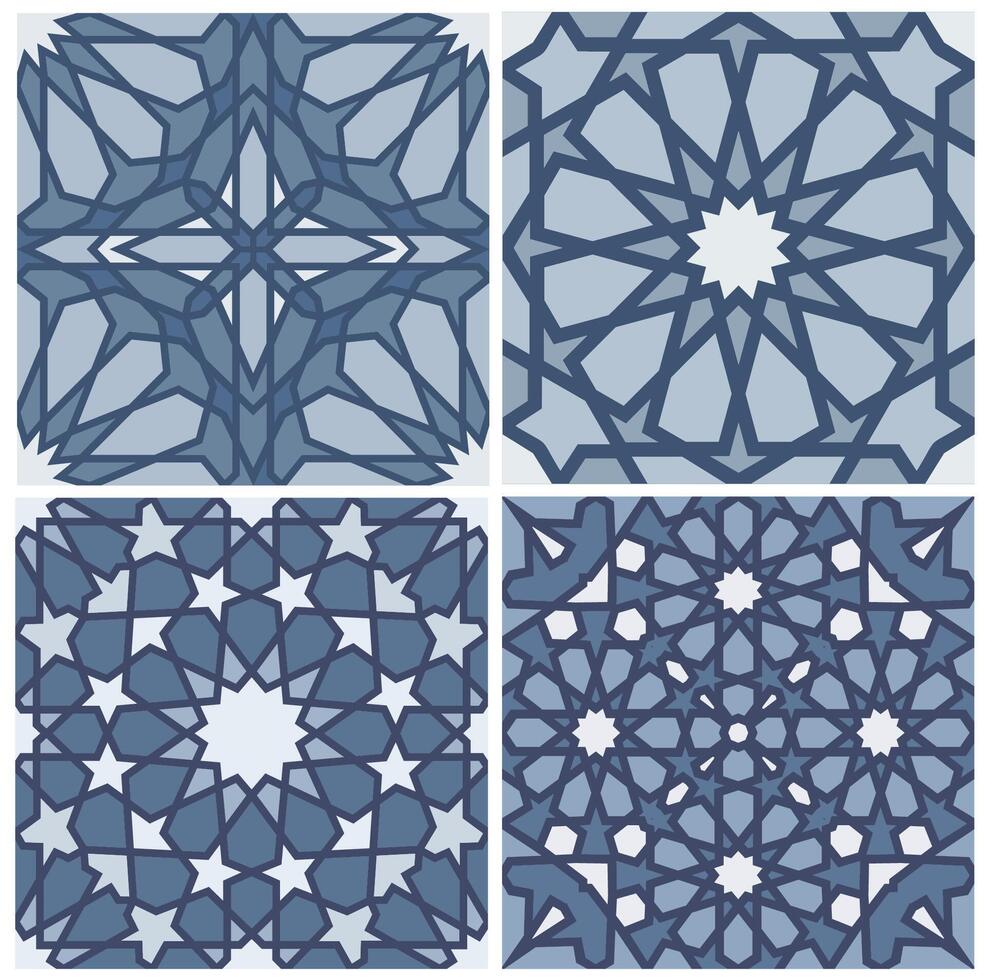Set of intricate Islamic geometric patterns in blue shades for traditional decor. Seamless pattern set. vector