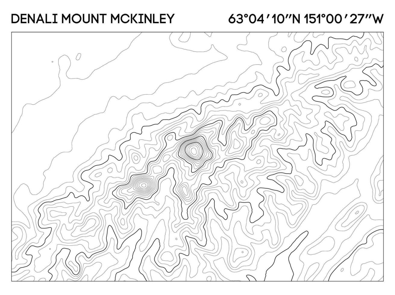 Topographic map of Denali Mount McKinley with elevation contours and geographic coordinates. Topographic map . vector