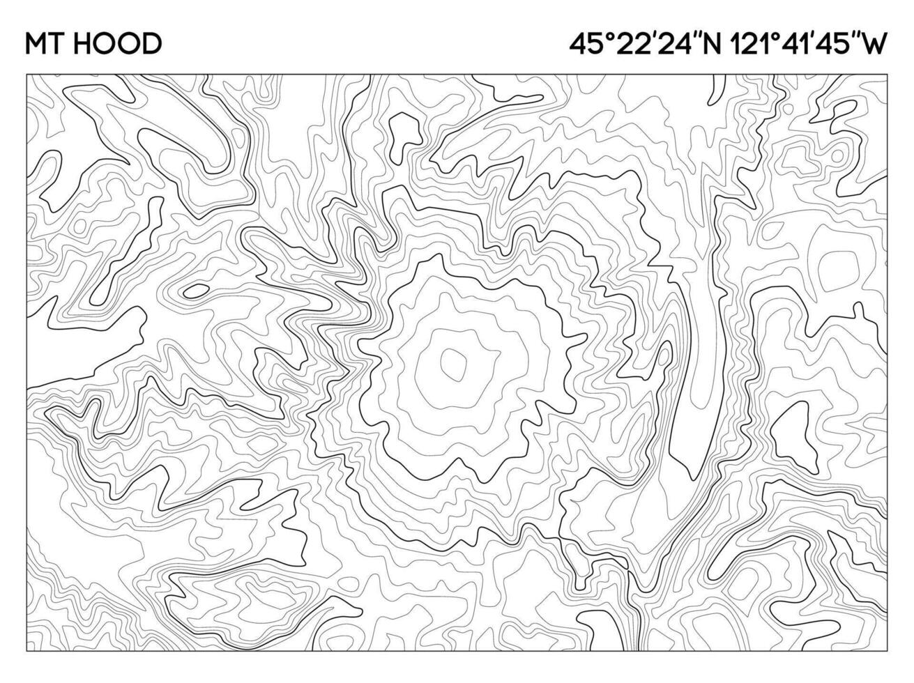 Contour map of Mt Hood featuring detailed elevation lines and geographic coordinates. Topographic map . vector