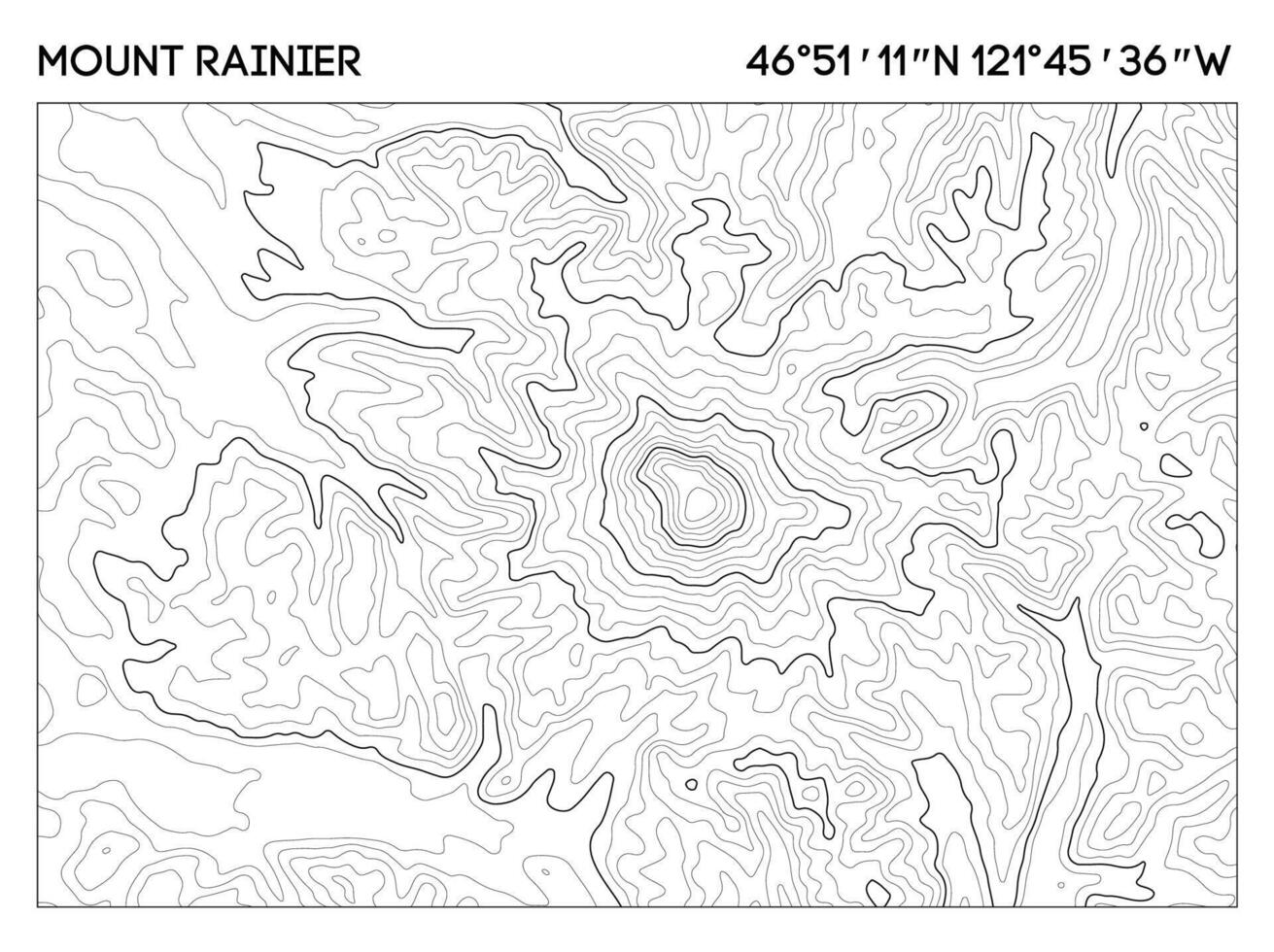 Topographic contour map of Mount Rainier with elevation lines and geographic coordinates. Topographic map . vector