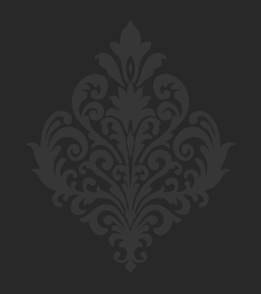 Dark damask floral pattern with intricate swirls on a black background, displaying elegant symmetrical design elements. vector