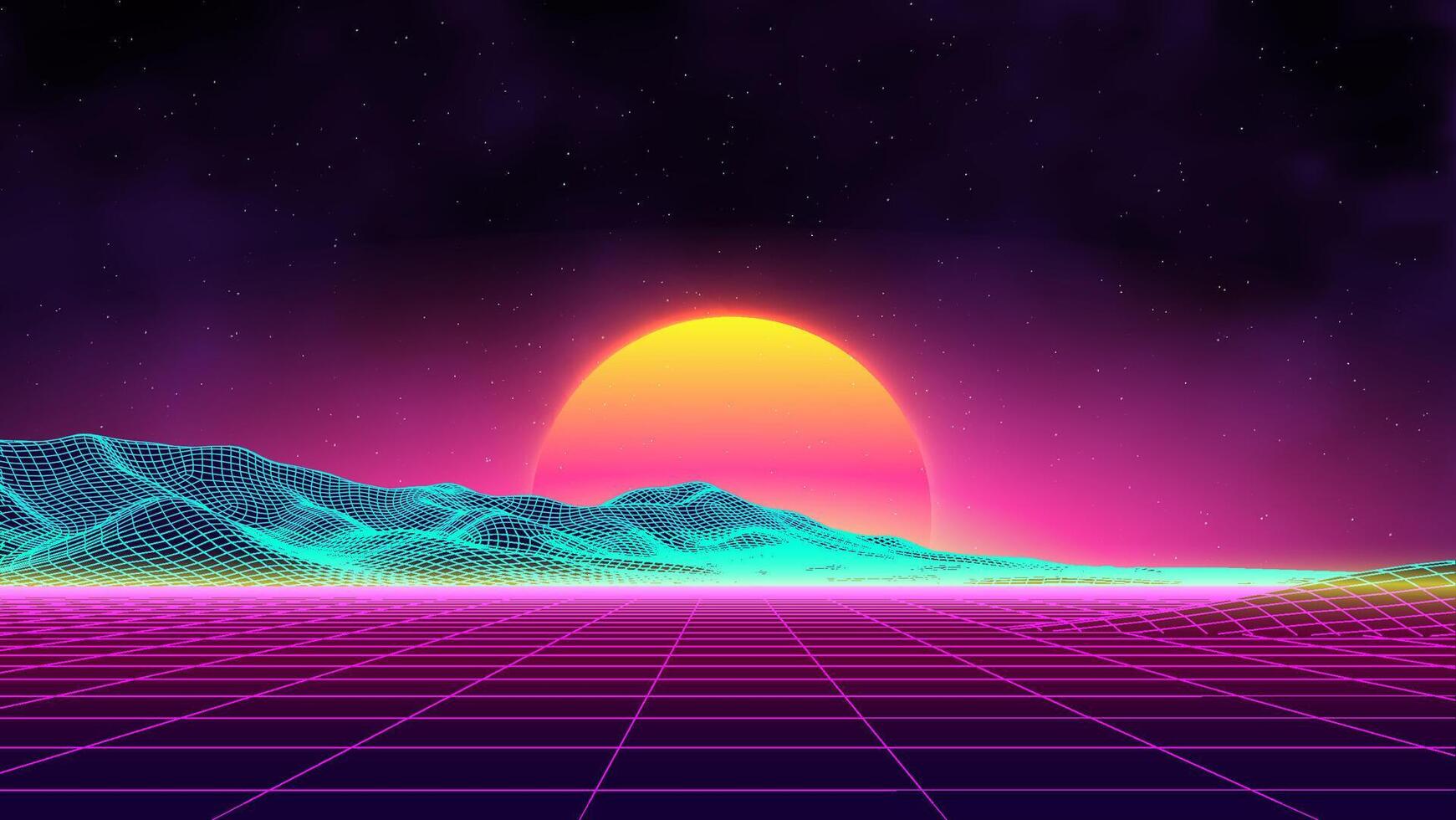 Retro futuristic digital landscape with neon grid and glowing sunset in cyberpunk style vector