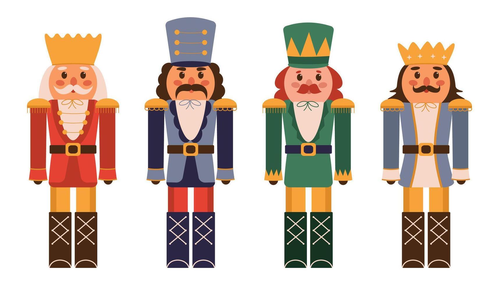 Nutcracker set, Christmas toy. Christmas wooden doll of a handsome soldier. Holiday statue of a soldier. Flat illustration on white background vector