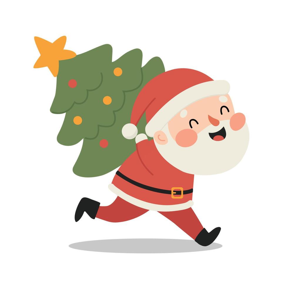 Santa Claus running with christmas tree, illustration in flat style vector