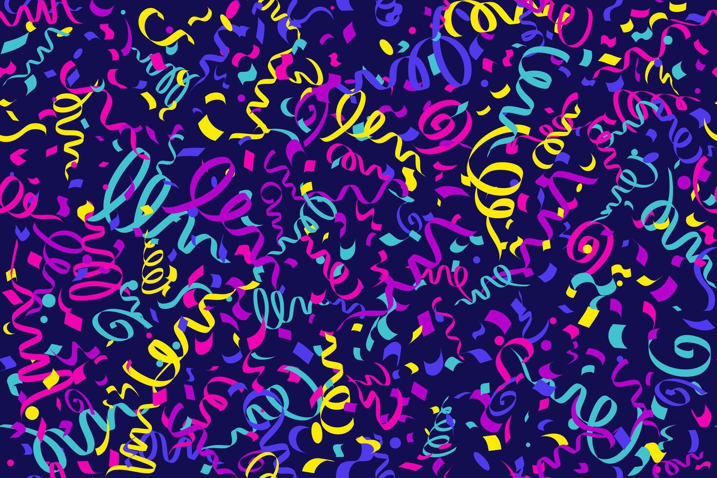 Confetti seamless background for birthday party celebration and carnival decoration. Colored ribbons of serpentine falling and firework explosion. Flat bright illustration vector
