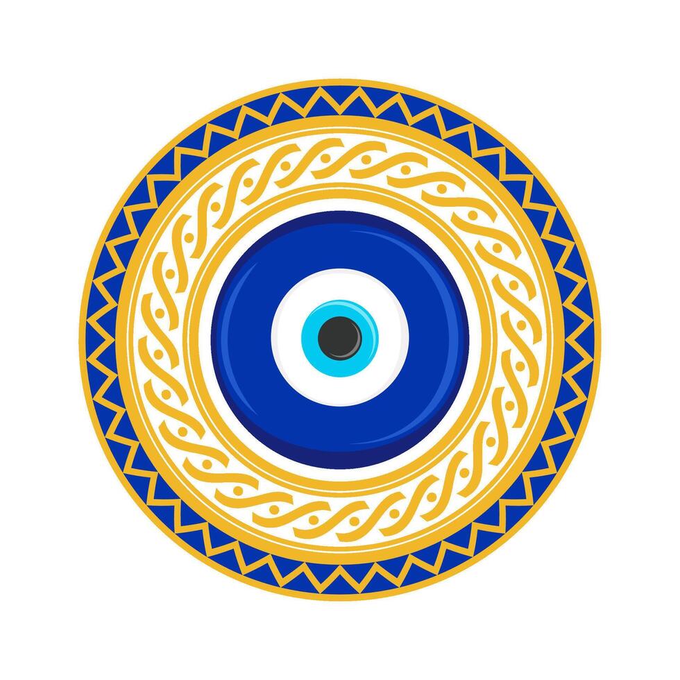 Evil eye bead. blue nazar with mandala frame for luck protection and energy. Circle amulet with Greek key pattern. Greek magic symbol. Mystic talisman vector