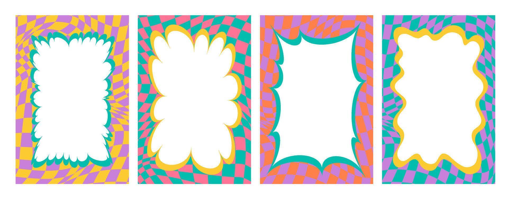 Wavy scallop border. Rectangle fun wavy chessboard frame. Cartoon hand drawn shapes for text picture and photo. Doodle groovy psychedelic template. Abstract funky y2k squiggle checkered bubble vector