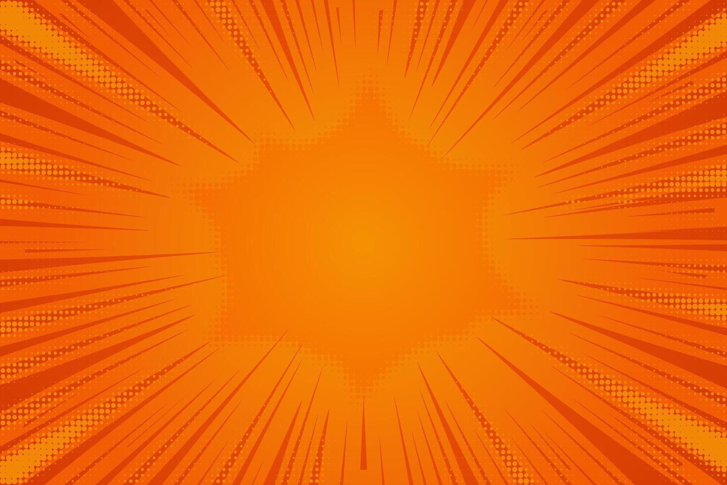 Comic yellow background. Orange pop art sunburst pattern. Retro explosion with halftone effect. Abstract superhero wallpaper vector