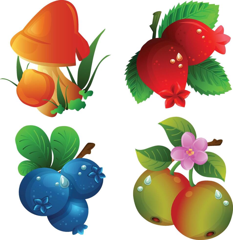 autumn plant and creatures icon set vector