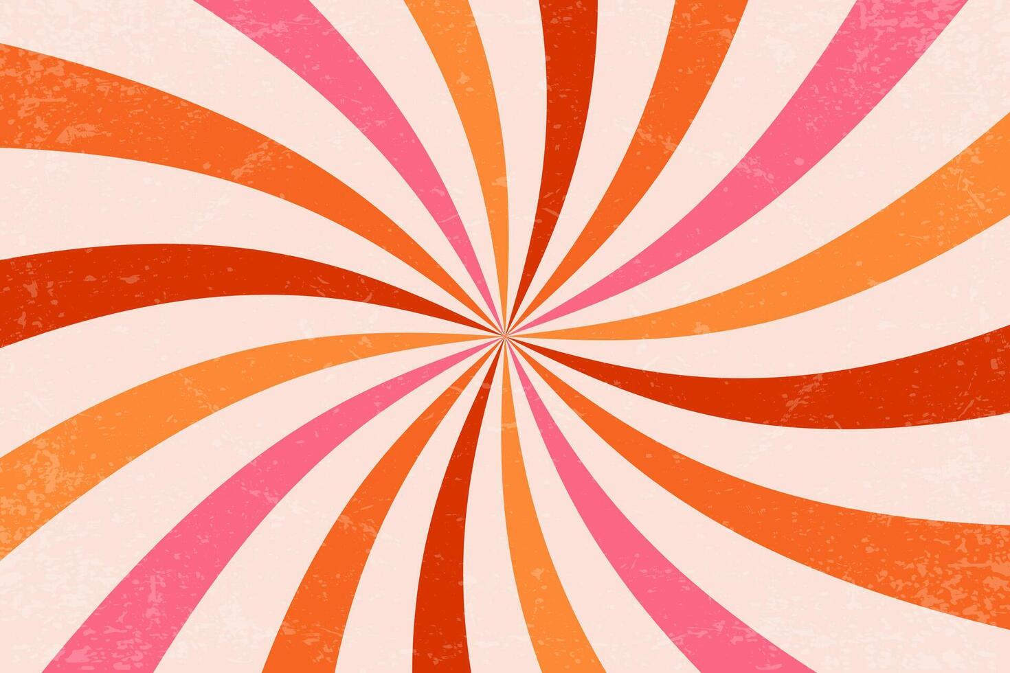 Spiral retro pattern background. Swirl groovy rays. Psychedelic radial burst with grunge texture. 70s starburst hypnotic illustration. Vintage circular colorful bg. vector