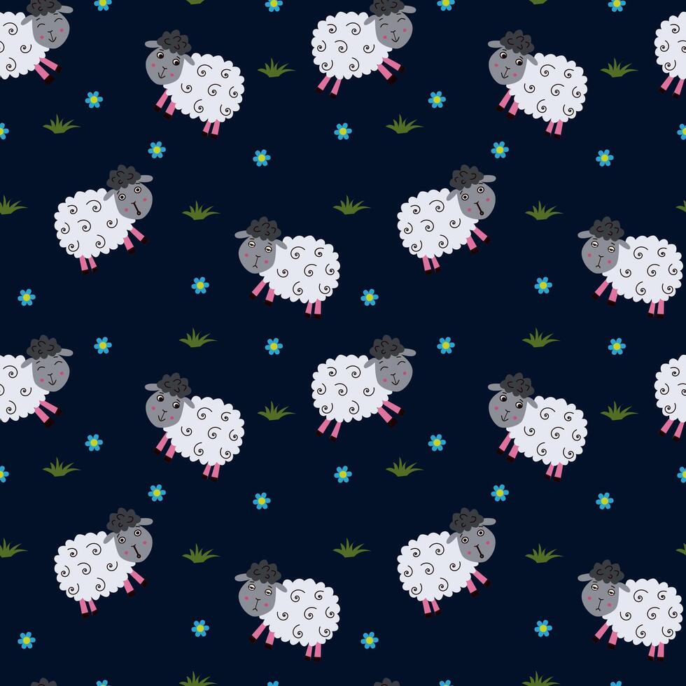 Seamless background with cute sheep on dark background. Pattern for baby. Design for prints, fabric, textile, wallpaper, wrapping paper, pajama. vector