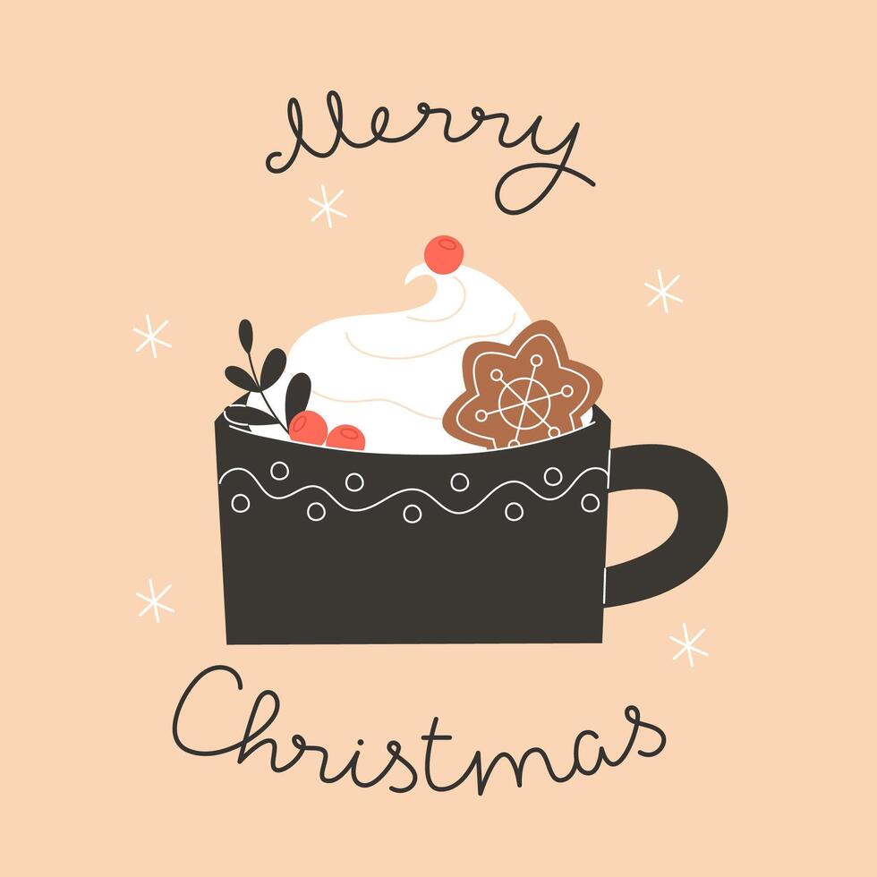 Cafe Christmas Mug with Hot Beverage and Cream, Latte, Coffee, Hot Chocolate, Cocoa, Anise, and Gingerbread vector