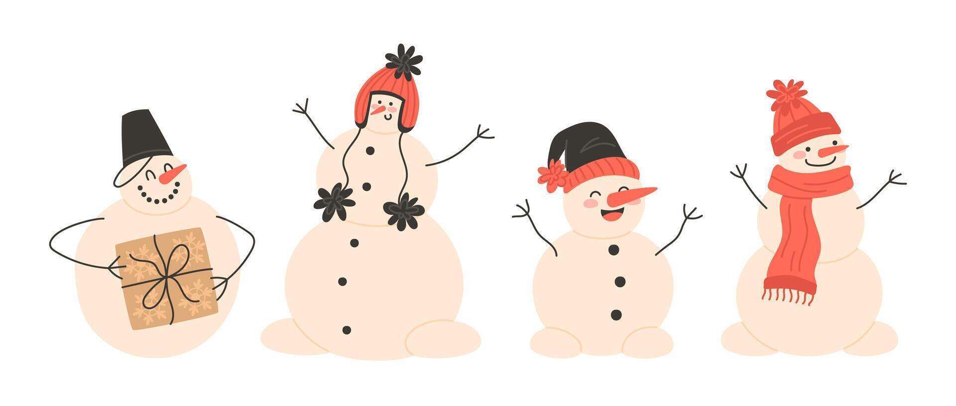 Set of Christmas snowmen in winter hats vector