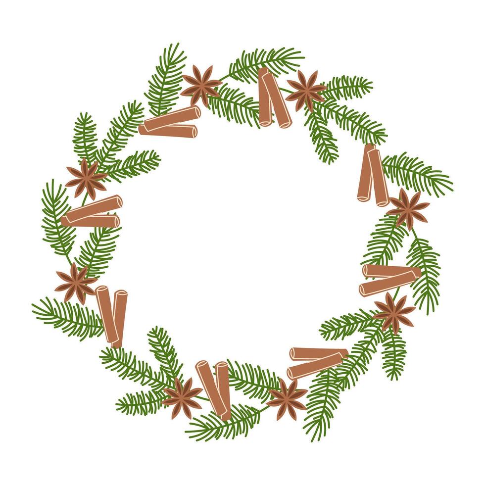Christmas Evergreen Wreath with Anise and Cinnamon Sticks vector