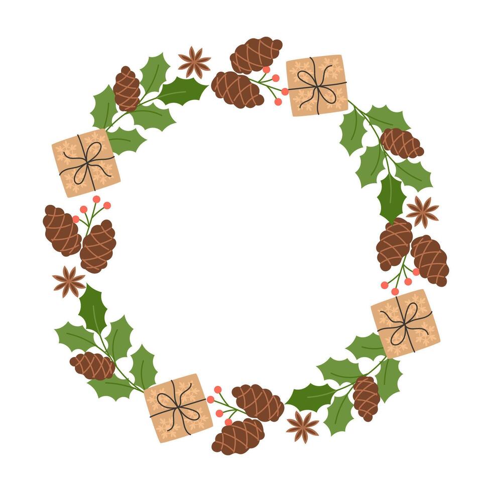 Christmas wreath with decorative gift boxes, pine cones, red berries and star anise vector