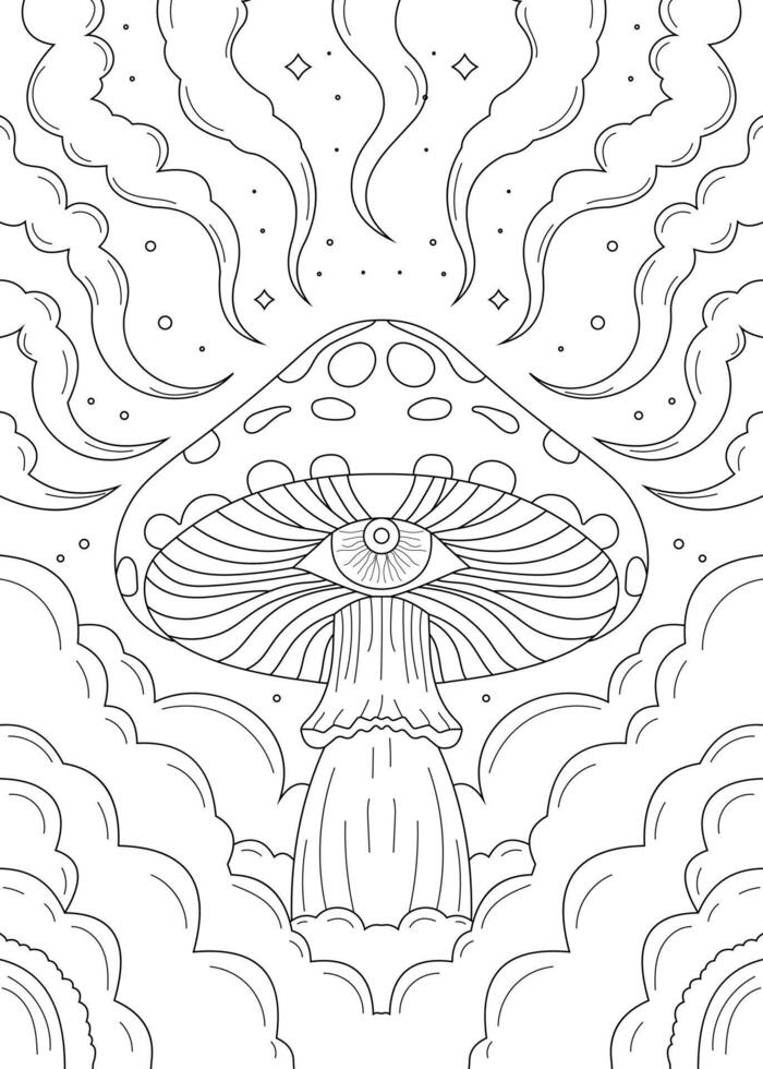 Psychedelic Mushroom Coloring Page with Mystical Eye and Cosmic Smoke Design vector