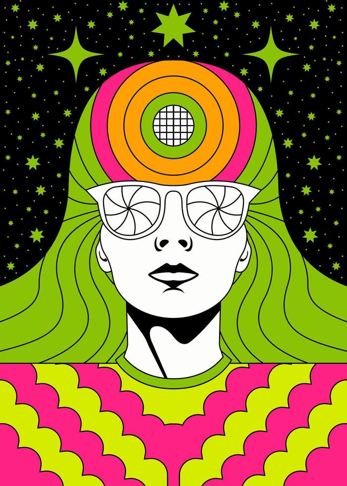 Retro Psychedelic Portrait with Vibrant Neon Colors and Futuristic Style vector