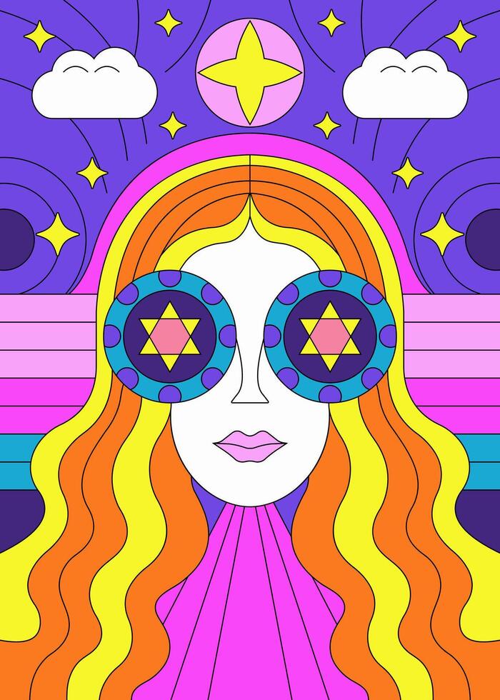 Psychedelic Dreamscape Woman with Retro Sunglasses and Cosmic Elements vector