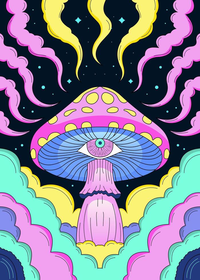 Surreal Psychedelic Mushroom with Mystical Eye and Colorful Smoke in a Cosmic Night Sky vector