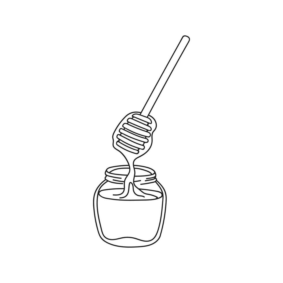 Glass jar honey with dipper and liquid dripping honey. Hand drawn doodle illustration. vector