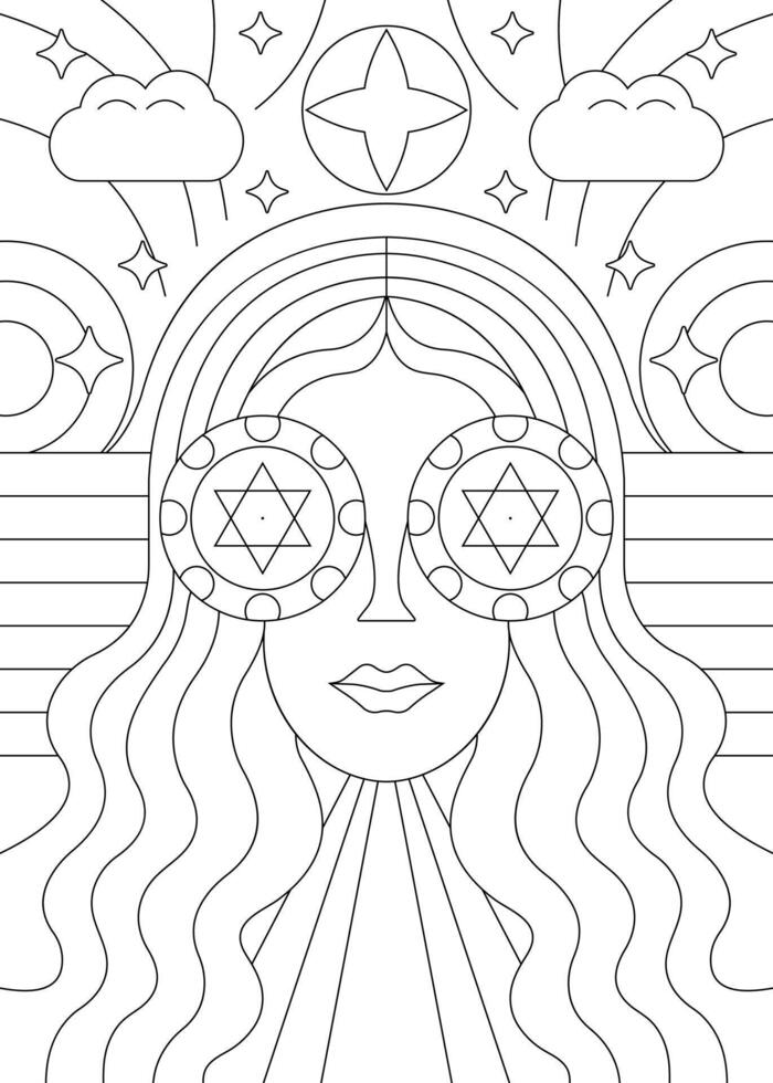 Mystical Woman with Celestial Glasses Coloring Page vector
