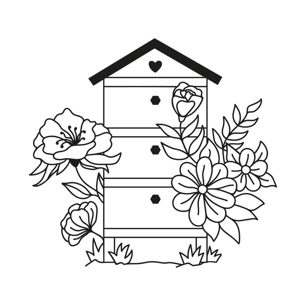 Wooden beehive with flowers. Hand drawn doodle apiary illustration. vector
